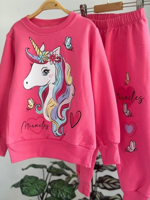 Pjk2i Unicorn Desenli 2 Ip %100 Pamuk Kız Çocuk Eşofman Takımı 3-10 Yaş 8163