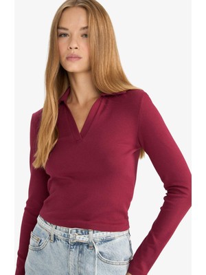 DeFacto Fitted Polo Yaka Basic Düz Modal Uzun Kollu Tişört E7938AX25AU