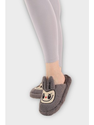 Sevimli Tavşan Figürlü Sıcak Tutan Kışlık Kadın Ev Terliği Füme