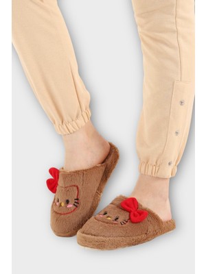 Hellokitty Figürlü Sıcak Tutan Kışlık Kadın Ev Terliği Kahverengi-Kırmızı