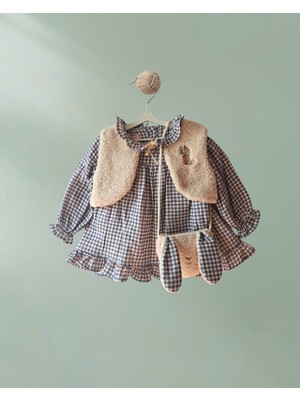 Kız Bebek 3’lü Takım Ekose Elbise, Teddy Yelek ve Çantalı Kombin %100 Pamuklu, Rahat ve Şık