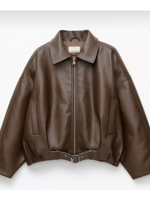 Kadın Oversize Bomber Suni Deri Ceket | Yeni Sezon Kemerli Biker Ceket