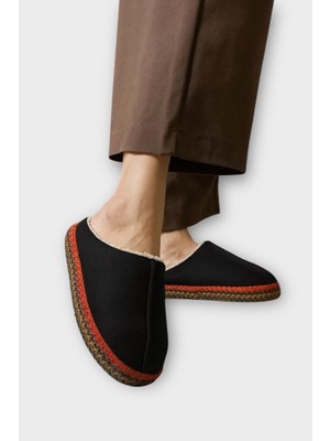 Nakışlı Içi Tüylü Yüksek Tabanlı Çeyiz Bohça Kadın Ev Terliği Siyah