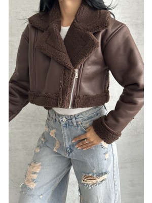 Kadın Içi Kürklü Suni Deri Mont - Crop Biker Deri Ceket