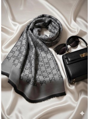 Vavscarfs G Desen Kendinden Dokulu Desenli Italyan Çift Taraflı Şal Gri-Siyah