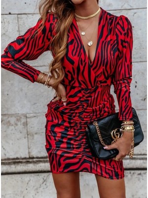 Kadın Uzun Kollu Kruvaze Yaka Ön Kısım Büzgülü Dalgıç Mini Boy Elbise