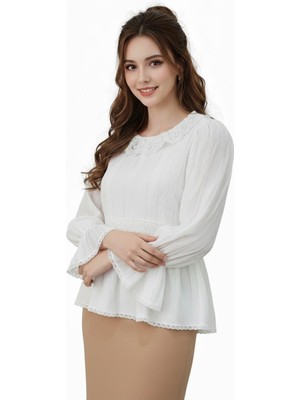 Kadın Yaka Güpürlü Kol Valonlu Bluz BGL-ST04353