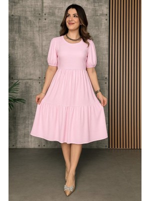 Kadın Kısa Kollu Yakası Açık Katlı Bürümcük Balon Elbise
