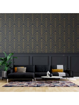 Koyu Ahşap Panel Altın Yaprak Motifli Duvar Kağıdı Baskı