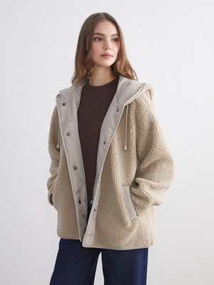 Kapüşonlu Oversize Kadın Teddy Kaban  (W5)