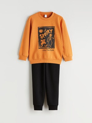 Bisiklet Yaka Baskılı Uzun Kollu Erkek Çocuk Sweatshirt ve Pantolon 2'li Takım  (W5)