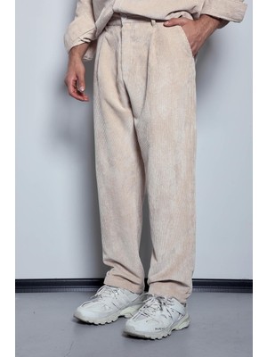 Erkek Kadife Dokulu Baggy Fit Pantolon Taş Rengi