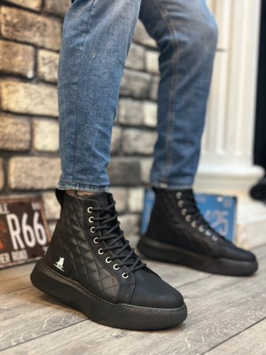 ET0159 Bağcıklı Siyah Kapitone Erkek Yüksek Taban Spor Bot