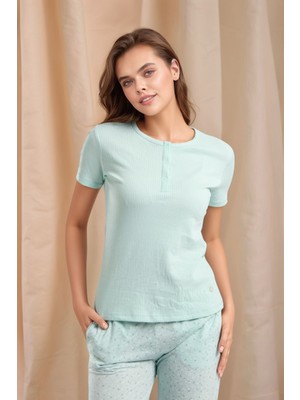 Kadın Kısa Kol Yarım Patlı Desenli Viskon Pijama Takımı Q9P0K9C0K