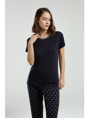 Kadın Bisiklet Yaka Kısa Kol T-Shirt Likralı Alt Pijama Takımı Q4.A3.K3.R5K