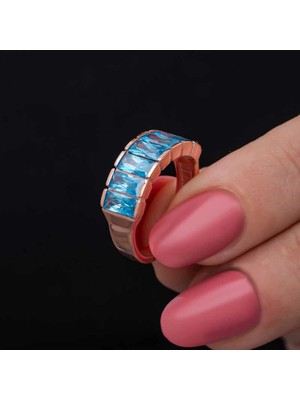 Gümüş Rose Baget  Aquamarine Taşlı Kadın Yüzük