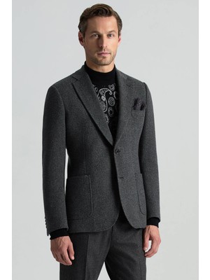 Italyan Yün Kaşmir Karışım Siyah Blazer Ceket