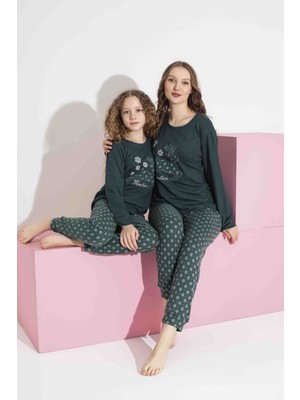 Tarık Kadın Geyik  Desen Yeşil Anne Kız Kombin Termal Kışlık Sıcak Tutan Yumuşak Pijama Takımı