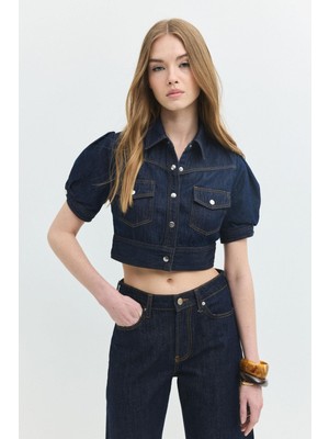 Regular Crop Fit Balon Kol Koyu Indigo Kadın Jean Ceket