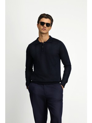 Polo Club Polo Yaka Düğmeli Regular Fit Çizgili Triko Kazak