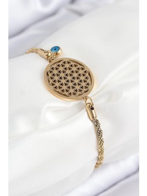 Bfs 316L Çelik Nazar Boncuğu Detaylı Yaşam Çiçeği Model Gold Renk Kadın Bileklik