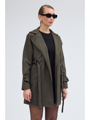 Kaşe Kadın Şık Tasarım Yaka Kaban ve Kemer