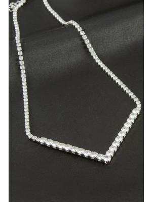Zengezur Üçgen Tamtur Zirkon Taşlı Lüks Kolye 4 Mm-Gümüş Rengi