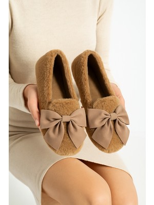 Nmoda MOTİF TERLİK Kadın Ultra Yumuşak Peluş Babet Suni Deri Düz Taban Konforlu Ev Ayakkabısı