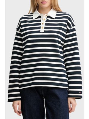 Tommy Hilfiger Şeritli Pamuklu Relaxed Fit Düğmeli Polo Yaka Sweat Bayan Polo Yaka Sweat WW0WW47457 0y7