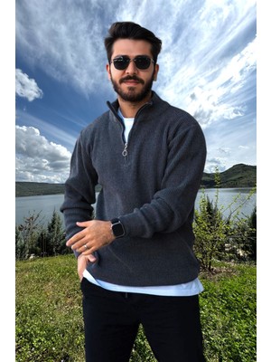 Erkek Triko Kazak Fermuarlı Dik Yaka