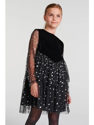 She&she Marka 4-12 Yaş Kız Çocuk Siyah Uzun Kollu Pamuk Astarlı Elbise