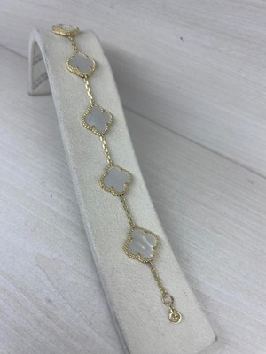 Hng 925 Ayar Gümüş Gold Zincirli Yonca Model Bileklik Beyaz Mineli