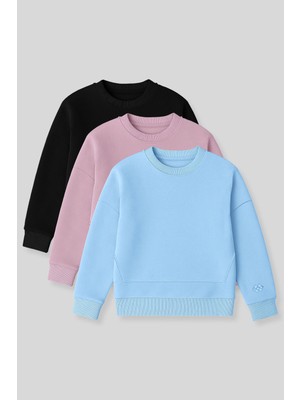 Oversize 3lü Paket Siyah-Gül Kurusu-Açık Mavi Kız Çocuk sweatshirt - 75150