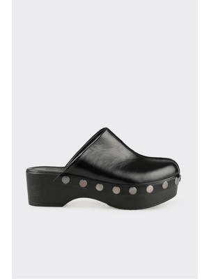 Elle Siyah Deri Kadın Sabo Terlik 5 cm Kalın Topuklu Casual Günlük Kullanım İçin