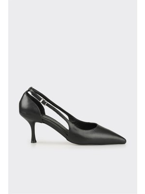 Siyah Deri Kadın Topuklu Ayakkabı