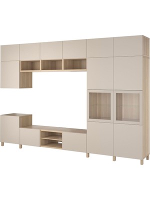 Tv Ünitesi, Ağartılmış Meşe Görünümlü-Açık Gri, 360X42X240 Cm, Lappvıken/sındvık, Stubbarp, Fren Raylı