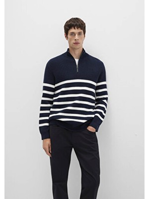 Mavi Yarı Fermuarlı Çizgili Lacivert Kazak 0710131-70490