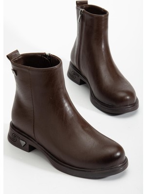 Kadın Bot Kahve Suni Deri Kauçuk Taban Yüzüdüz