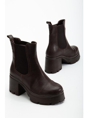 Topuklu Bot Kadın Platform Kahverengi Parçalı Elastik Kalın Taban