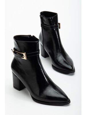 Siyah Kadın Topuklu Bot Kırışık Rugan Sivri Kalıp Tan Tokalı