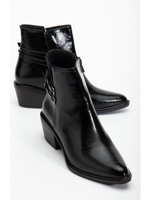 Kadın Topuklu Bot Siyah Rugan Sivri Vestern Toaklı