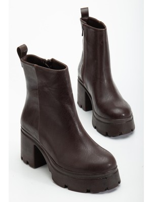 Topuklu Bot Kadın Platform Kahve Yüzüdüz Fermuarlı