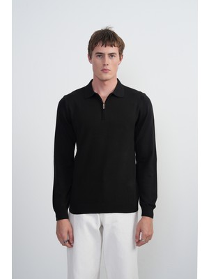 Erkek Yarım Fermuar Uzun Kol Siyah Polo Yaka Tişört