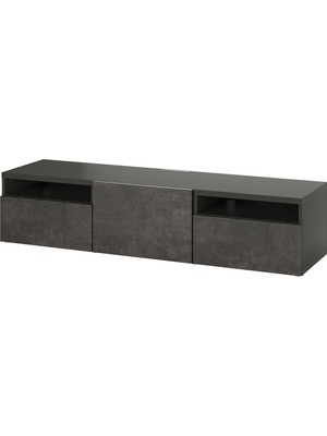 Tv Sehpası, Koyu Gri-Koyu Gri Taş Görünümlü, 180X42X39 Cm, Kallvıken, Çıt Çıt Raylı