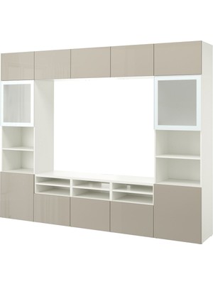 Tv Ünitesi, Beyaz-Parlak Cila-Bej, 300X42X231 Cm, Selsvıken/glassvık, Çıt Çıt Raylı