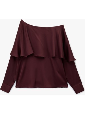 Uzun Kollu Kayık Yaka Asimetrik Kesim Saten Bluz