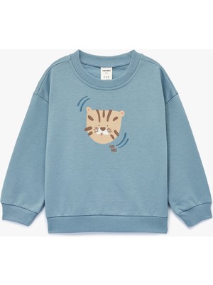 Pamuklu Uzun Kollu Bisiklet Yaka Kaplan Baskılı Oversize Sweatshirt