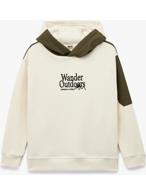 Koton Wander Uzun Kollu Kapşonlu Ekru Nakış Detaylı Sweatshirt Erkek Çocuklar İçin Rahat Tasarım