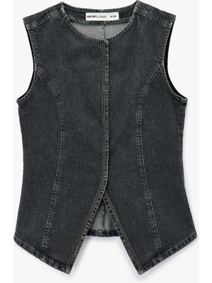 Pamuklu Slim Fit Kolsuz Bisiklet Yaka Denim Yelek