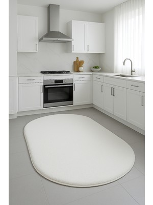 Beyaz Oval Kesme Yumuşak Kaymaz Taban Kalın Peluş Yıkanabilir Antre Hol Oturma Odası Halı Yolluk